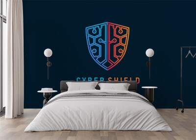 Cyber Shield Logo Design. Abstract Blue and Orange Shield Combination with Tech Style. Usable For Business, Community, Industrial, Security, Tech, Services Company. Vector Logo Design Illustration. Wall mural