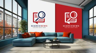 Magnifying Glass Looking Over Newspapers Logo Design. Wall mural