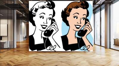 a cartoon of a woman having a conversation on a vintage telephone. Wall mural