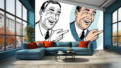 A laughing businessman pointing to the right.  Wall mural