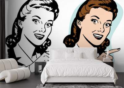 A portrait of an attractive woman pointing to the right.  Wall mural