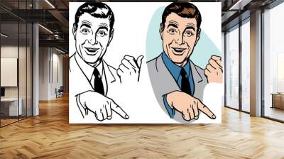 A smiling businessman pointing in two directions. Wall mural