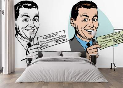 A smiling man holding his paycheck Wall mural