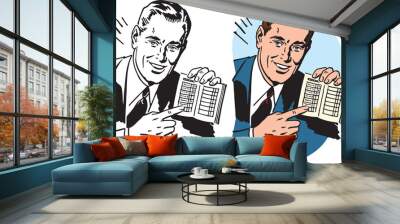 A vintage retro cartoon of a businessman holding a ledger and pointing at it.  Wall mural