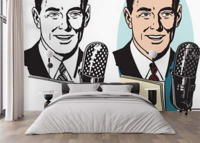 A vintage retro illustration of a man making an announcement into a microphone.  Wall mural