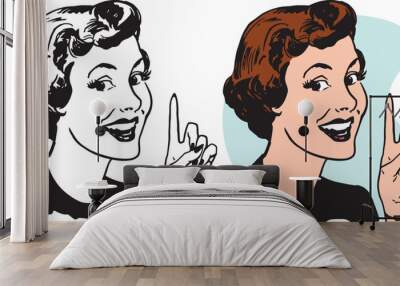 A vintage retro illustration of a smiling woman pointing up.  Wall mural