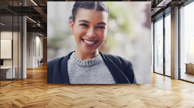 Happy, portrait and business woman in city for happiness, professional and smile. Confident, career and natural with face of corporate female employee in urban outdoors for entrepreneurship and pride Wall mural