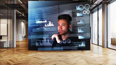 Holographic, programmer and Asian man with focus, night and futuristic with cyber security, analytics or software update. Male person, professional or employee with data analysis, future and hologram Wall mural