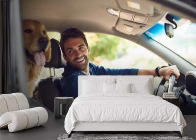 You comfy back there. Cropped shot of a handsome young man taking a drive with his dog in the backseat. Wall mural