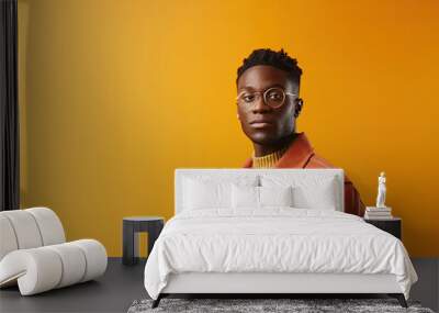 African American man in an orange jacket and glasses on yellow background. Generative AI Wall mural