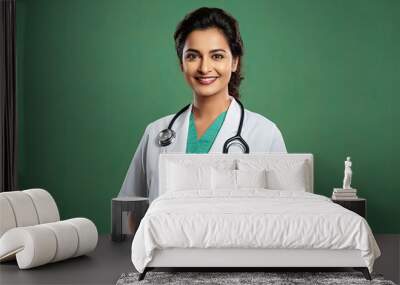 An Indian young female doctor isolated on green. Wall mural