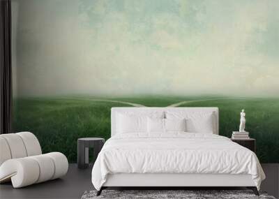 crossroads with two diverging paths in misty landscape Wall mural