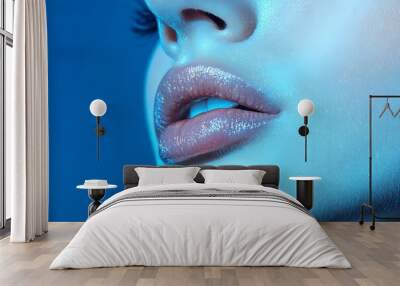 Captivating Close up of Sensual Glossy Lips against Blue Backdrop Wall mural