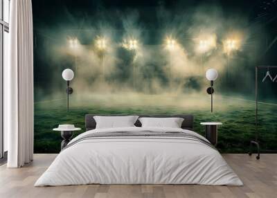 Epic Sports Photography Backdrop with Dramatic Stadium Lights Illuminating Misty Field Wall mural