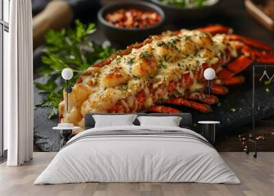 Exquisite Lobster Thermidor Dish Artfully Presented on an Elegant Black Stone Plate Wall mural