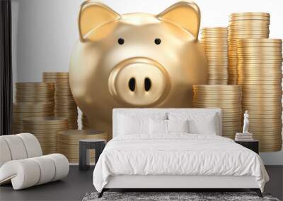 Gold Piggy bank with with money coins, concept saving money for investment ,financial plan,3D rendering Wall mural