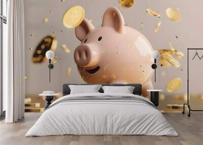 Golden Coins Floating to Piggy Bank for Creative Financial Saving and Deposit Concept Wall mural