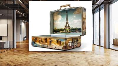 Opened Suitcase Revealing the Iconic Eiffel Tower and Scenic Paris Destination Wall mural