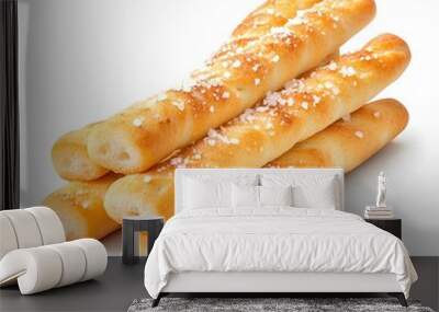 Perfectly Baked Breadsticks with Crisp Texture and Sprinkled Salt on White Background Wall mural