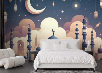 Elegant Ramadan, eid mubarak, eid aldha celebration banner with crescent moon hidden behind mosque and title Eid Mubarak aside,image. happy holiday, with lamps stars, cloud, ... See More
 Wall mural