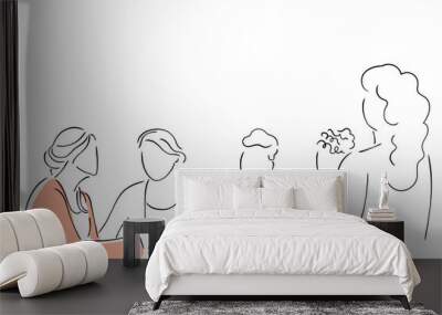 Hand-drawn line art vector of a group of people counseling the troubled fellow. Crises in business and frustration Wall mural