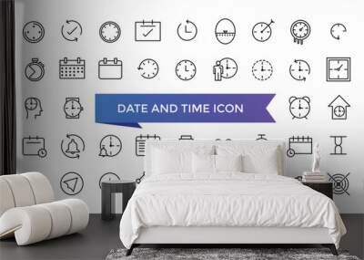 Date and Time icon collection. Watch, Timer, Date, Current time and Calendar vector linear icon set. Timer, alarm, schedule, hourglass, clock icons. Wall mural