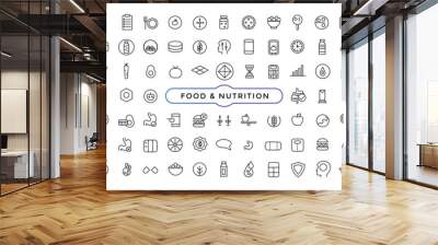 Food & Nutrition line icons related to wellness, wellbeing, mental health, healthcare, cosmetics, spa, medical. Outline icon collection. Wall mural