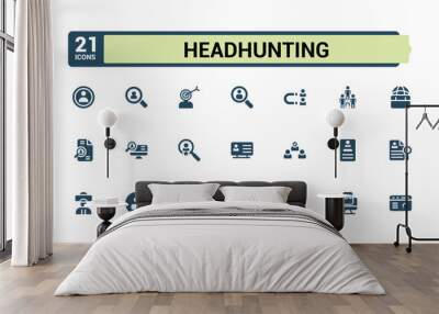 Headhunting solid icon collections. Containing hunting, resume, outsource, handshake, hired, candidate and more. Filled icons pack. Vector icons Collection. Wall mural