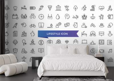 Lifestyle icon collection. Related to healthy lifestyle, diet, exercise, sleep, relationships, running, routine, self-care, culture and hobbies icons. Line icon set. Wall mural