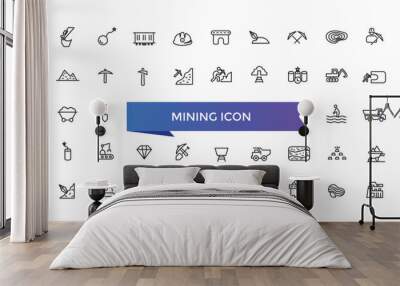 Mining icon collection. Related to minerals, gold, pickaxe, miner, excavator, diamond, coal wagon, jackhammer and gold panning icons. Wall mural