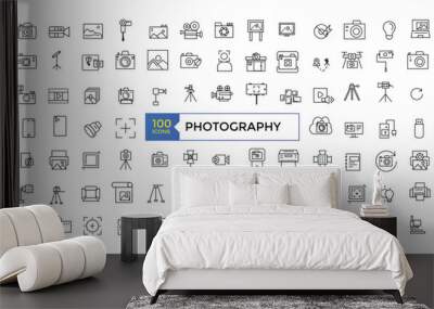 Photographer, photography, types of Photography - thin line web icon set. Outline photo icons. Photography studio light, film cameras and camera on tripod line. Wall mural