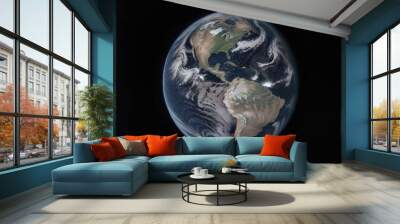 an earth is seen from space, including the sun and stars above it on a black background. Wall mural