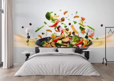 A pan with sauteed ingredients against plain background, created with generative AI technology Wall mural