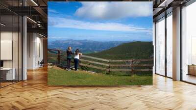 Two friends contemplating the landscape in Picos de Europa, in Asturias, Spain Wall mural