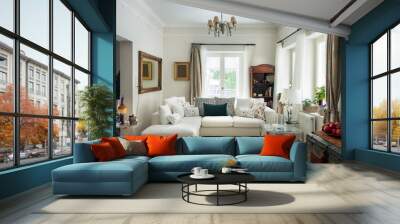 Large living room very bight  with oak wooden floor, four seats sofa, white carpet and retro objets, Greece. Wall mural