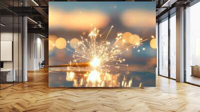 A close-up of a sparkling firework on water, creating a magical atmosphere with shimmering reflections at dusk. Wall mural