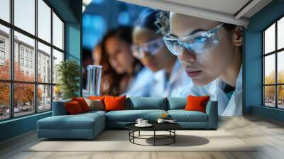 A focused female scientist in a lab coat and safety goggles examines a beaker during an experiment with her colleagues. Wall mural