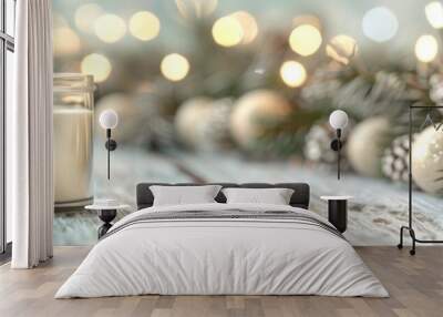 A serene holiday scene featuring a lit candle and festive decorations, perfect for creating a cozy atmosphere. Wall mural