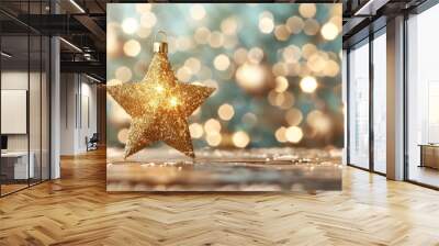 A shimmering gold star ornament rests on a wooden surface, surrounded by festive bokeh lights, perfect for holiday decor. Wall mural