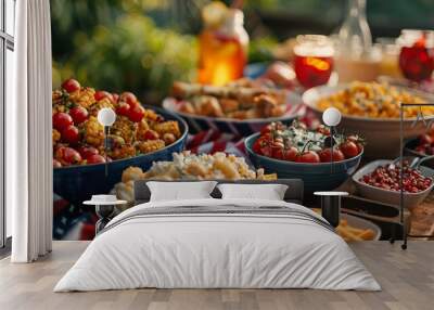 A spread of delicious food on a table, perfect for a summer picnic or barbecue. Wall mural