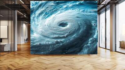 A swirling vortex of clouds in a blue and white color scheme. Wall mural