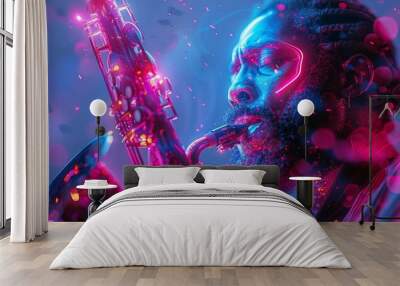 Abstract baritone saxophone glowing with neon lights Wall mural