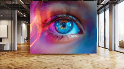 Close-up of a blue eye with colorful light reflections, creating a vibrant and abstract image. Wall mural