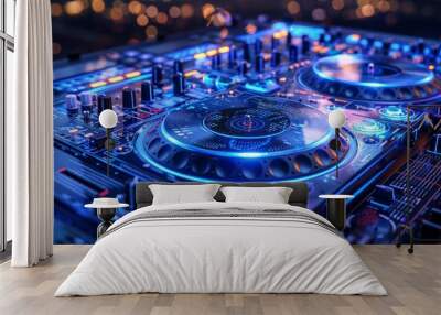 Close-up of a DJ mixer with glowing blue lights. Wall mural