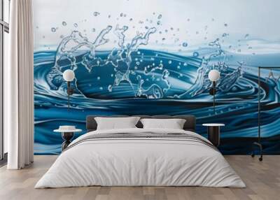 Close-up of a water splash, ripples and waves creating dynamic motion and texture in a blue, vibrant aquatic scene. Wall mural