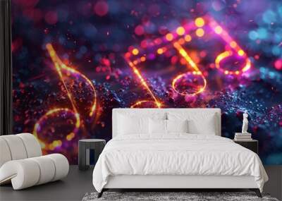 Colorful musical notes glow against a sparkling background, creating a vibrant and dynamic representation of music and sound. Wall mural