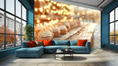 Delicious cupcakes adorned with creamy frosting, set against a backdrop of twinkling fairy lights and soft sunlight. Wall mural