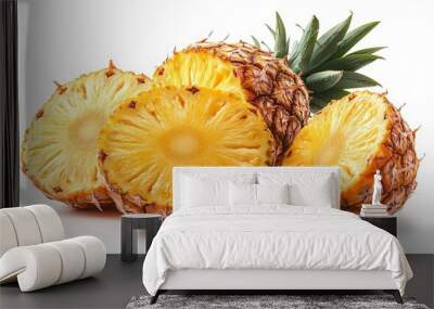 Fresh pineapple halves on a white background, showcasing vibrant yellow fruit and textured skin. Ideal for culinary and health themes. Wall mural