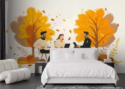 Three people working together outdoors under fall foliage. Wall mural