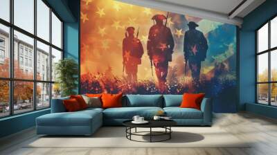 Three soldiers stand silhouetted against a dramatic, star-spangled sky. Wall mural